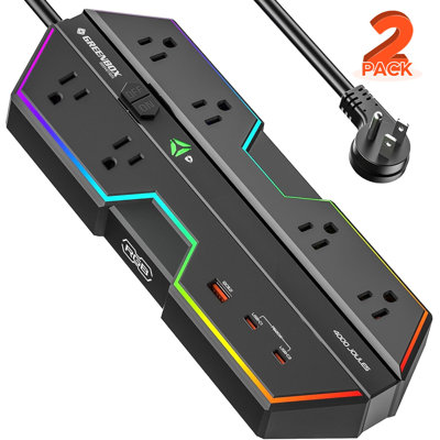 Green Box Innovations 6 Outlets Surge Protector Power Strip 4000J with 2 USB-C & USB-A Ports Fast Charging, Supports Multiple RGB lights effect and Wide-Spaced Outlet Perfect for e-Sports, Game PC (2Pack)