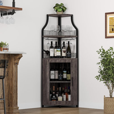 Armoire de bar à vin de style industriel - Support à vin amovible, porte-verre, porte en filet, grand buffet de rangement à 5 niveaux pour la salle à manger, la cuisine ou le salon