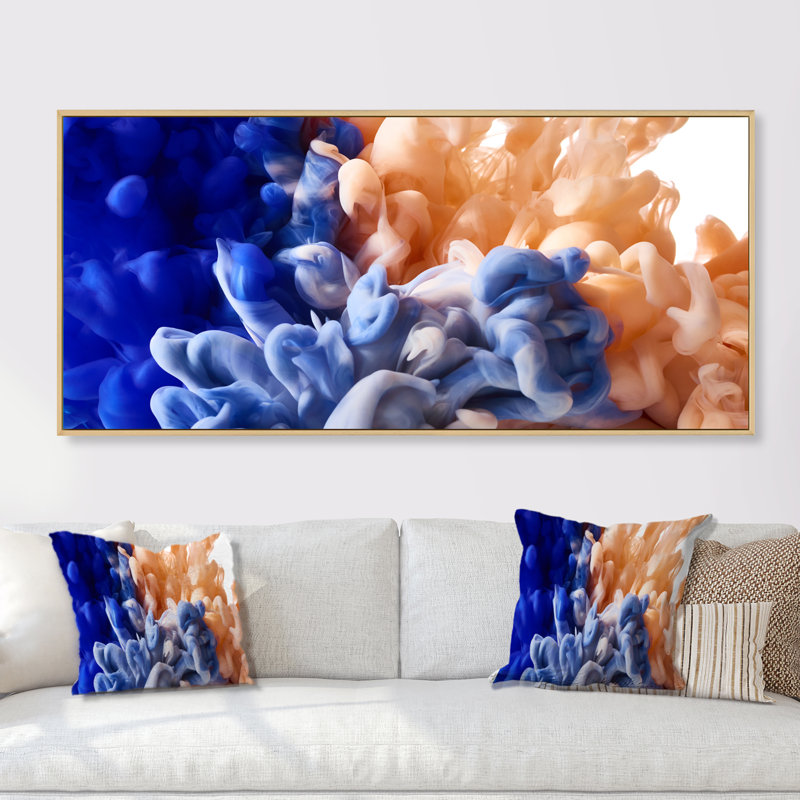 Encre liquide bleue et jaune - Impression sur toile, H 8 po x l 12 po x P 1 po, Cadre brun