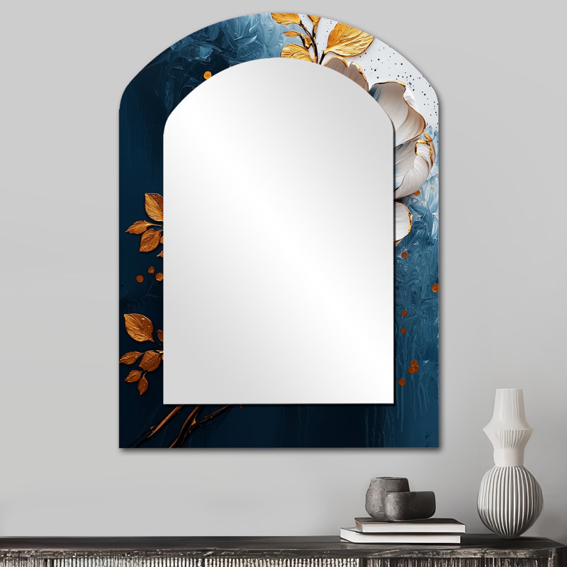 Peony Blooming In Gold And Teal - Peony Arch Decorative Mirror, Gold Asymmetrical Wall Mirror, Printed Metal Art, 34" x 25"