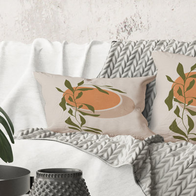 Rectangle, abstrait soleil orange et lune avec feuille tropicale - coussin décoratif imprimé moderne