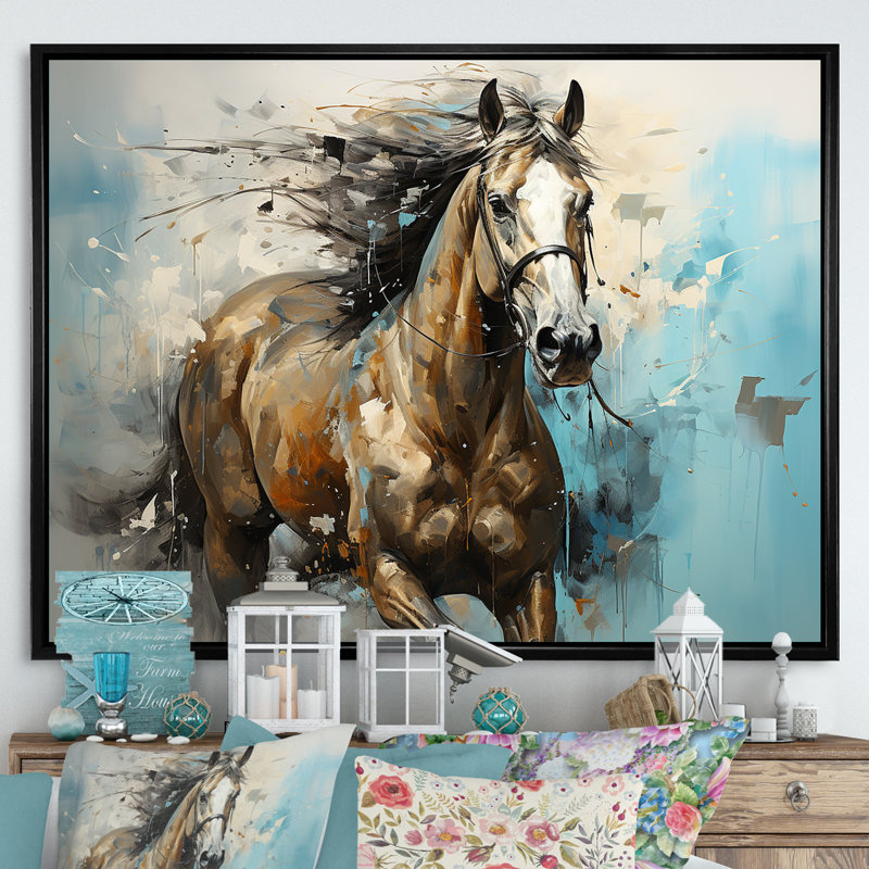 Cheval galopant fantaisiste - cheval, art mural, H 30 po x l 40 po, Cadre flottant noir