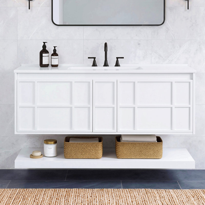Armoire de salle de bain murale 48 po, meuble-lavabo flottant en MDF avec 2 grands tiroirs et tablette inférieure ouverte, armoire de rangement peinte en blanc, conception sans poignée