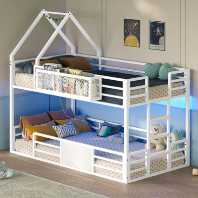 Twin Over Twin Bunk Bed With Charging Station, Storage Shelf,House Bunk Bed Frame Metal Loft Bed With Led Lights,No Box Spring Needed,Space Saving For Bedroom