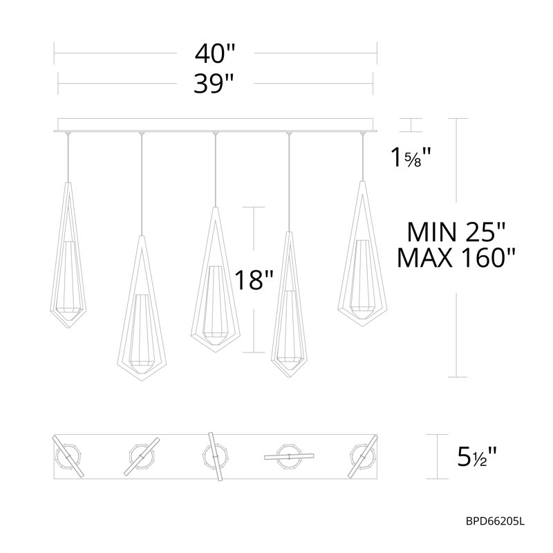 Devotion LED Pendant, 18" H x 5.5" W x 40" D, Satin Nickel, 5 Lights