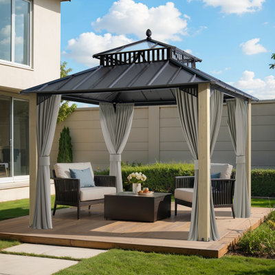 Pavillon de jardin à toit rigide en acier et en PC avec rideau et filet pour poteau 10 x 10 po Kingston