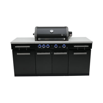 Mont Alpi Premium 70"W x 24"D x 46"H Black Stainless Steel Compact Outdoor Kitchen Island + White Granite Countertops + 32"W 4-Burner BBQ Grill + Storage Cabinets + Rotisserie Kit + Full Cover + Tool Hooks + Natural Gas Convertible + Lifetime Warranty 