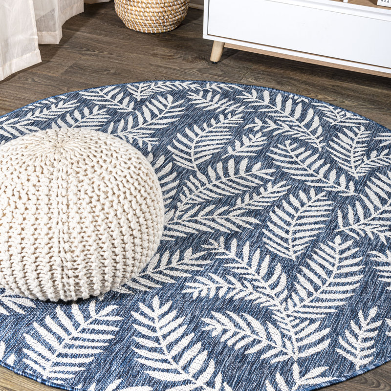 Mechling Nevis Palm Frond Navy/Ivory Indoor/Outdoor Rug, Round 3'1"