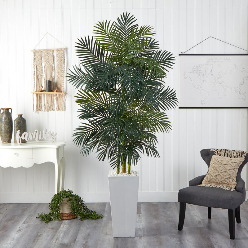 Areca Palm Tree with Wash Planter UV Resistant (Indoor/Outdoor), 90" H x 36" W x 32" D, White