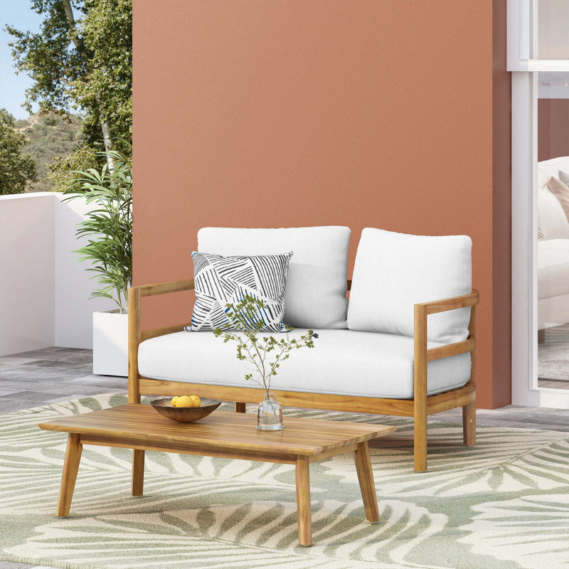 Outdoor Acacia Wood Loveseat And Coffee Table Set With Cushions