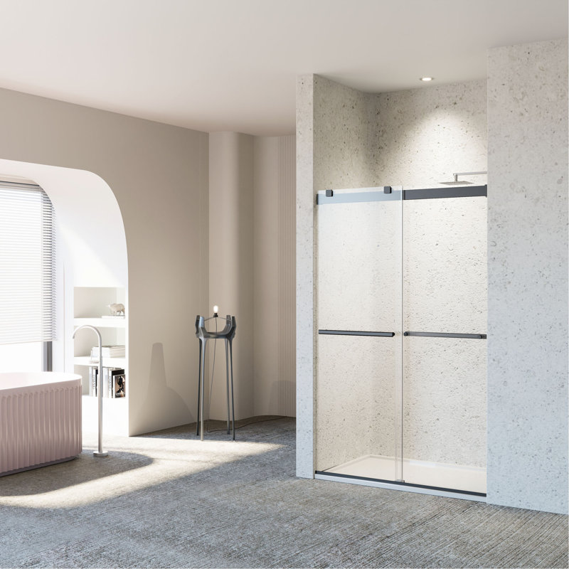 Porte de douche à double fermeture coulissante sans cadre l 46 à 48 po x H 76 po, porte de douche coulissante pour salle de bain, porte en verre trempé épais de 5/16 po (8 mm)