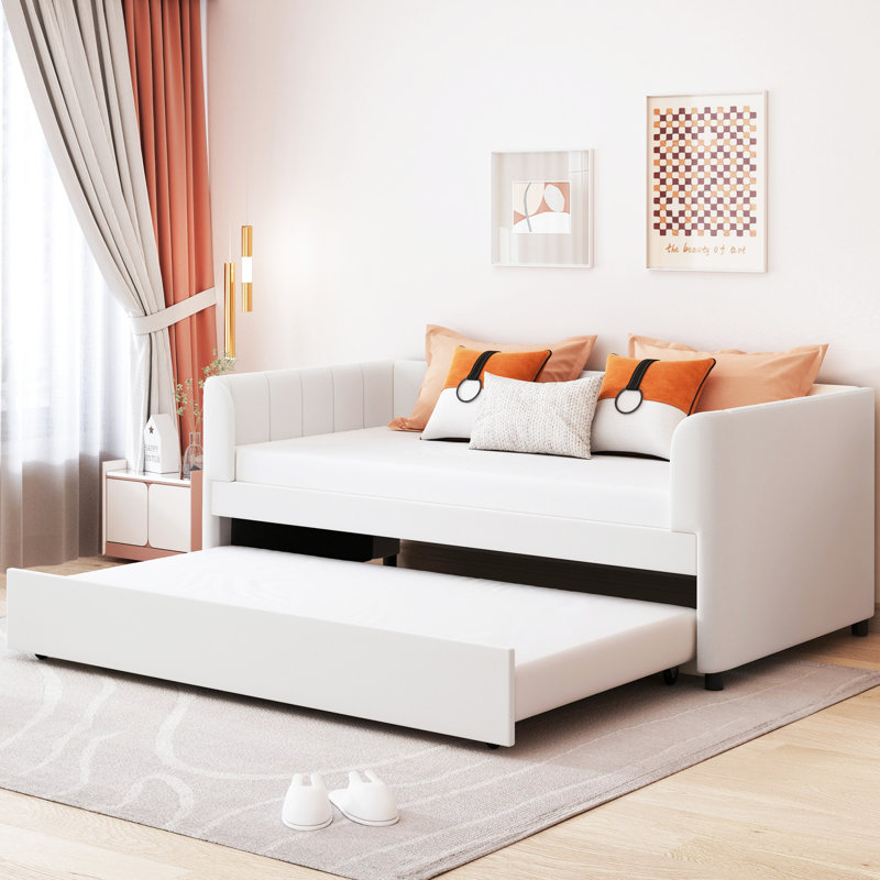 Beige Velvet Twin Size Daybed With Ergonomic And Expandable Trundle Convenient