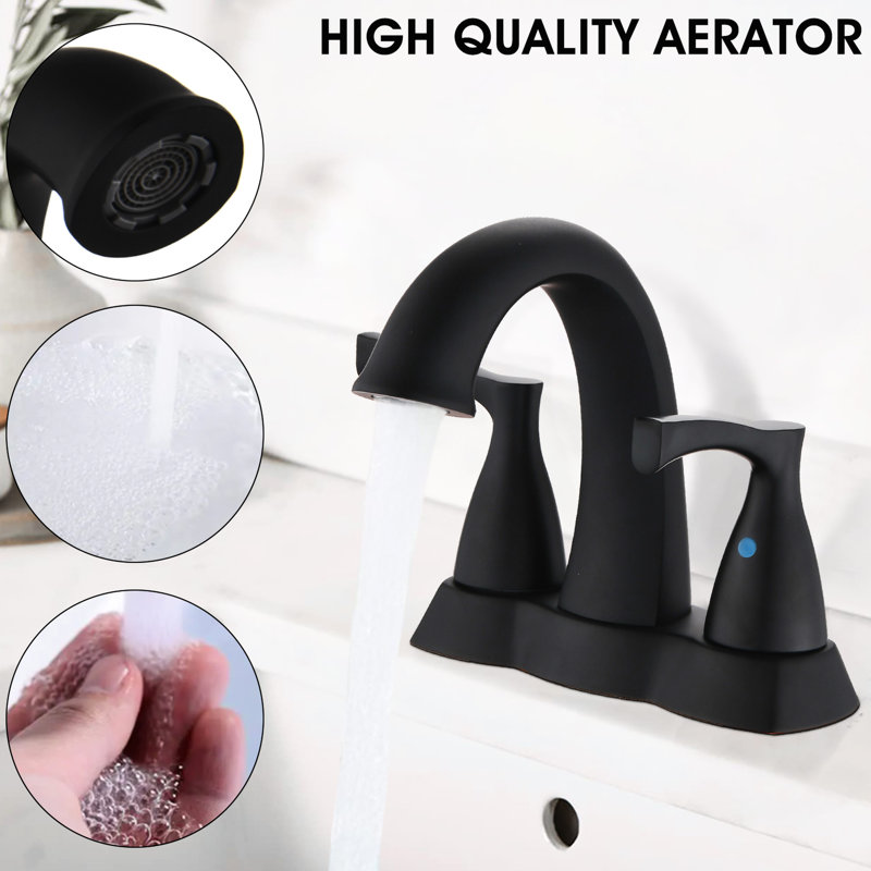 Matte Black 2 Handle Bathroom Sink Faucet. 4-Inch Design. Brass Construction. Corrosion Plating. Pop-Up Drain. Water Aerator. Simple Installation Process For 2 Sinks