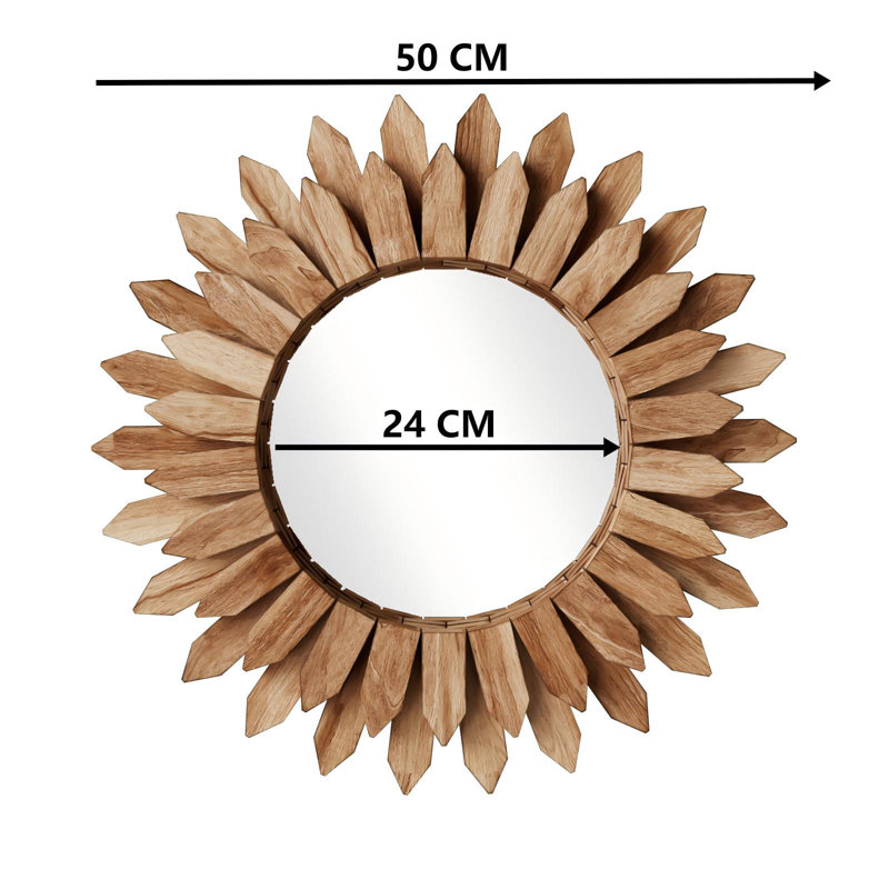 Hand-Polished Solid Wood Sunflower Sunburst Wall Mirror , 20" x 20", Natural Wood