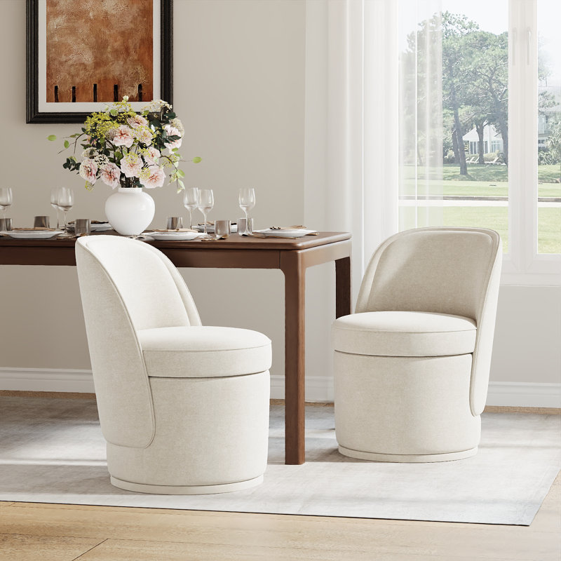 Small Barrel Swivel Upholstered Dining Chair with Storage,No Assembly, Beige