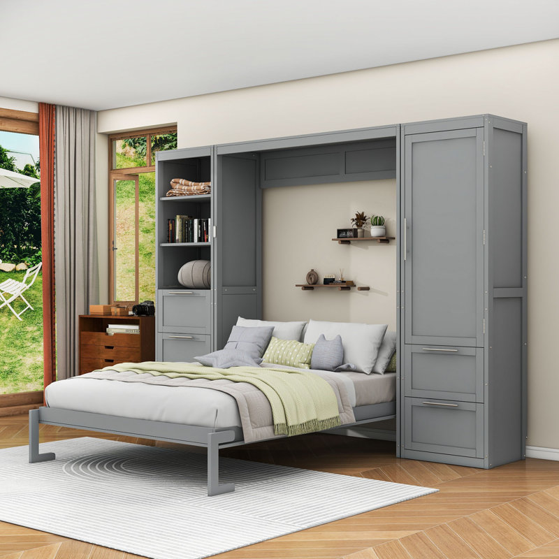 Grand lit escamotable avec rangement intégré et configuration personnalisable, Blanc