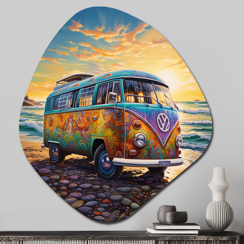 ëMagic Hippie Bus On The Beach - Car Van Nebula Shapeë, art mural asymétrique en métal, H 28 po x l 25 po