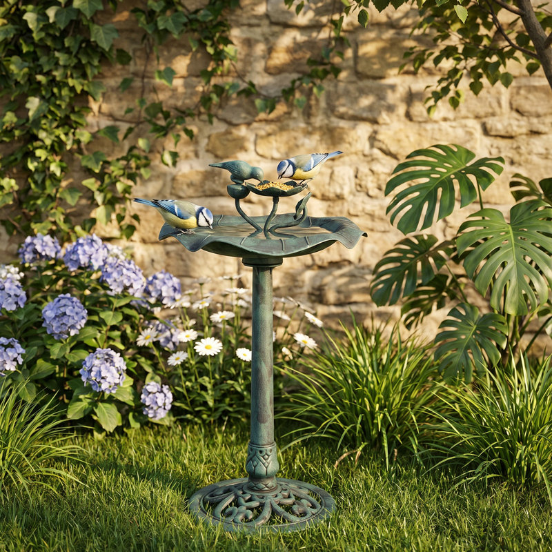 Bain d'oiseaux avec piédestal de hauteur 28 po, bol à oiseaux d'extérieur antique, Vert