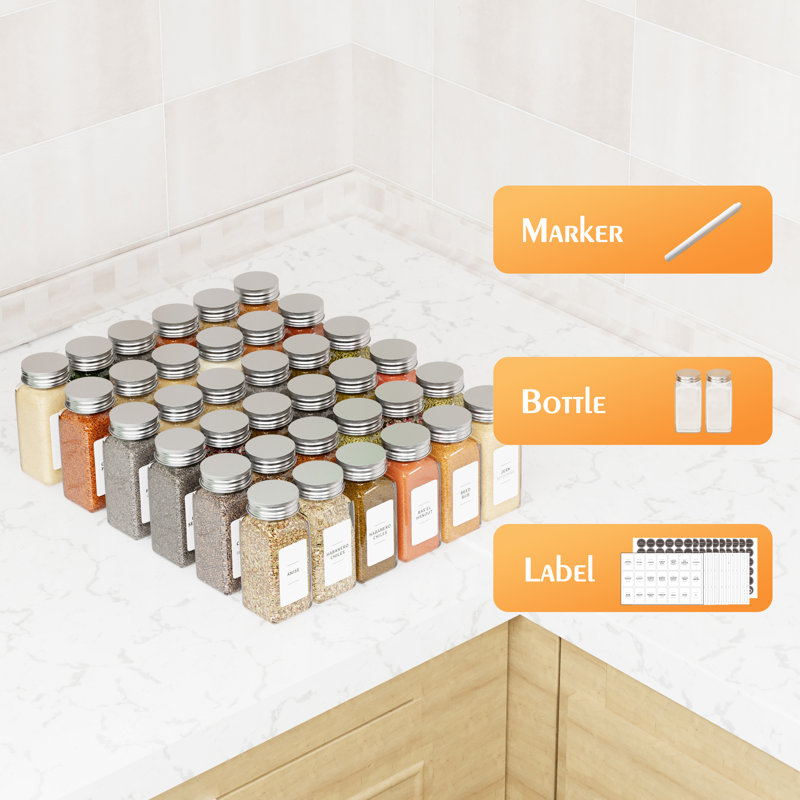 36-Piece Spice Jar Set with Labels, Empty 4oz Glass Spice Bottles, Minimalist Farmhouse Spice Labels, Funnel, and Seasoning Containers for Spice Rack, Cabinet, or Drawer Organization