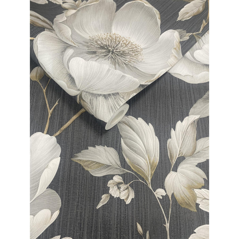  Alethia Floral Wallpaper - For Living Room, Bedroom, Fireplace - Matt Finish, Floral Pattern, Black