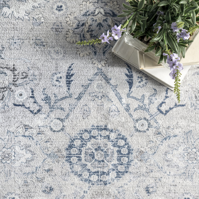  Bayberry Vintage Machine Washable Gray/ Light Blue Area Rug, Runner 2'6" x 10'