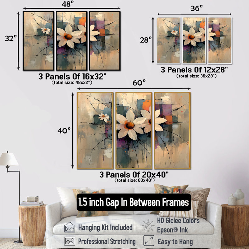 «Vintage Geometric Harmony Daisies I» - Art mural marguerites - ensemble de 3, H 40 po x l 60 po, Érable