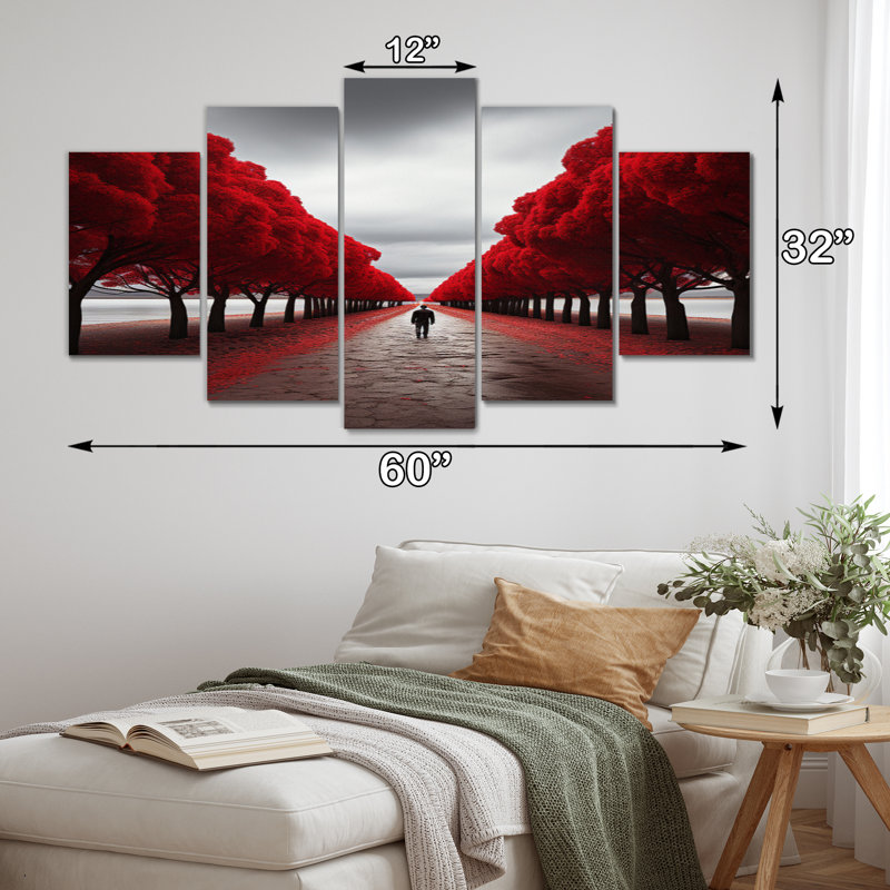 Décoration murale arbre rouge et gris Solitude II - paysage arbres - 5 panneaux