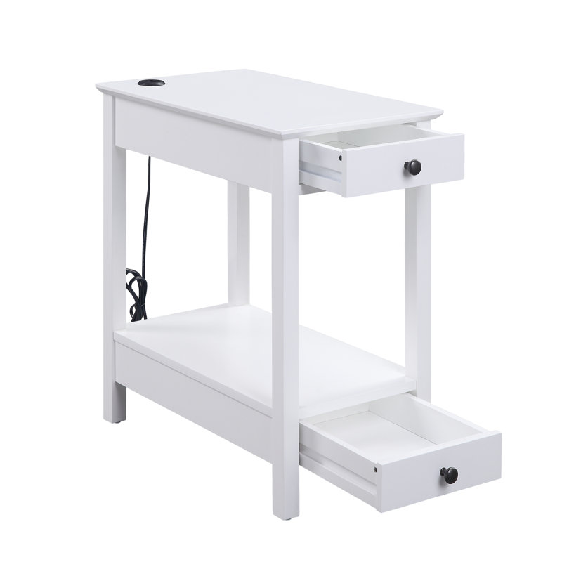 Table d'appoint blanche avec rangement - 2 tiroirs et 1 compartiment ouvert