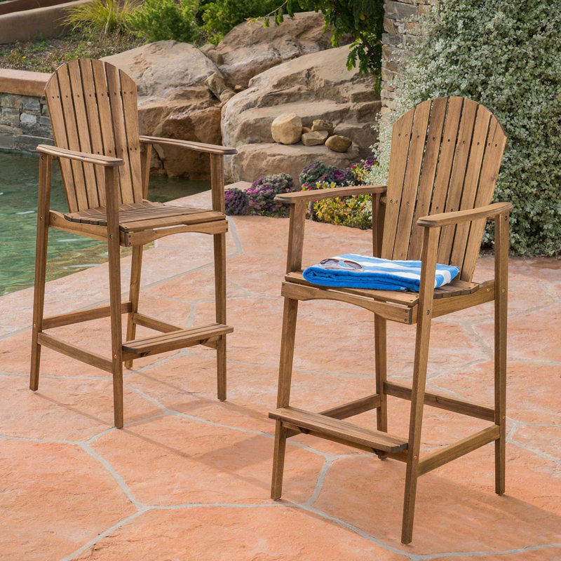 Outdoor Acacia Wood Adirondack Barstools, Set Of 2, Natural Stained