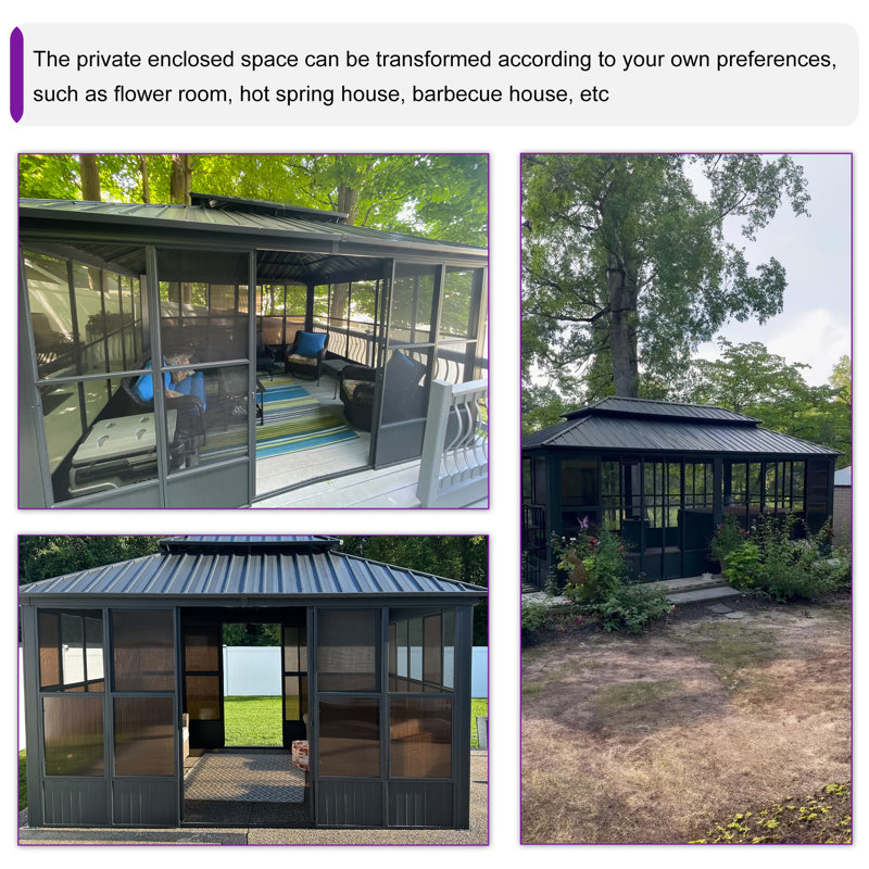 PURPLE LEAF 12' W x 16' D Sunroom Hardtop Gazebo Solarium Galvanized Steel Double Roof All-Weather Aluminum Outdoor Screen House