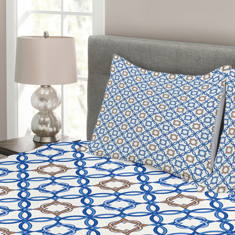 Adree Brown/Blue/White Microfibre Bedspread Set, 220 x 264 cm