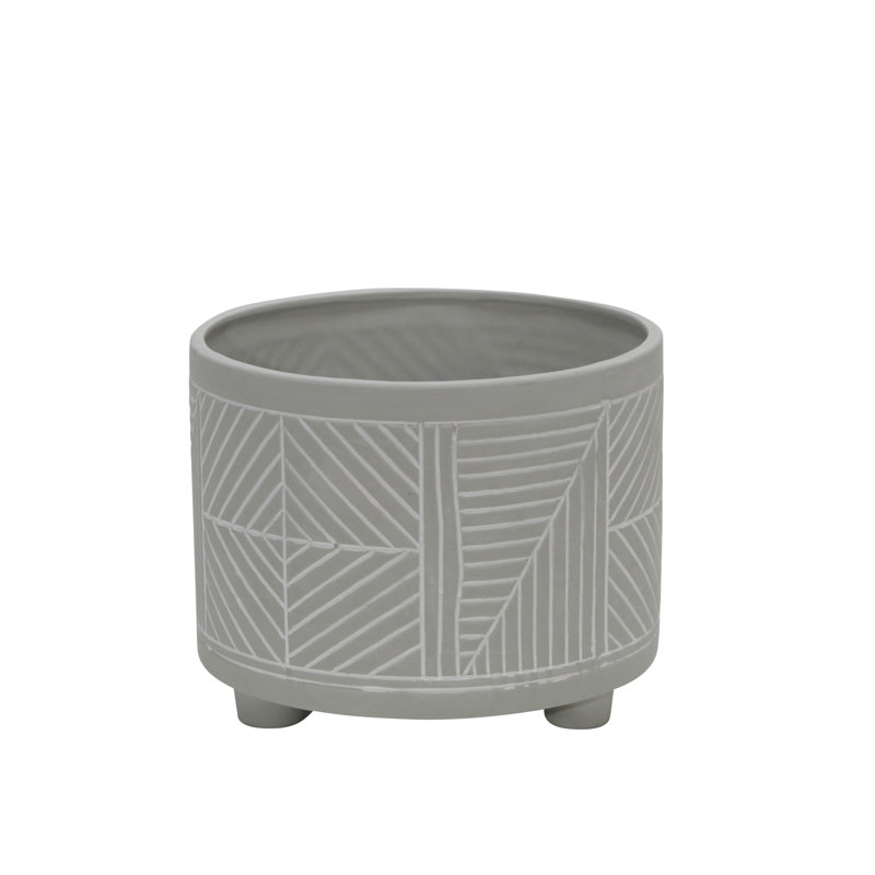 Pinar Stoneware Ceramic Planters with Engraved Geometric Pattern, Modern Footed Design for Indoor & Outdoor Use, Durable & Decorative Plant Pots, Set of 2
