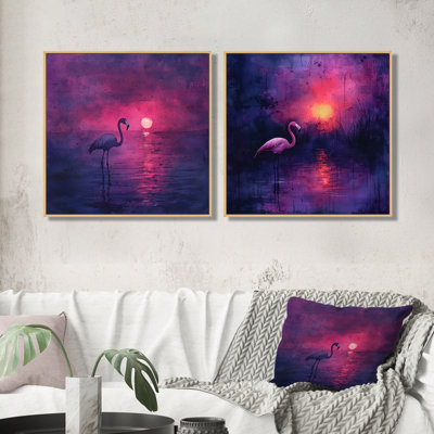 Lavande, silhouette de flamant rose dans la nuit I - Art mural animal flamant rose - ensemble de 2 décorations murales modernes