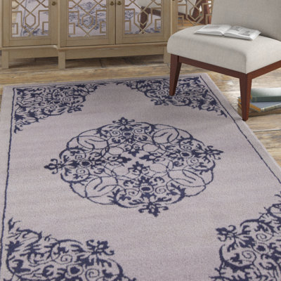 Tapis en laine touffeté à la main à motif de médaillon transitionnel bleu marine et gris clair Cloral