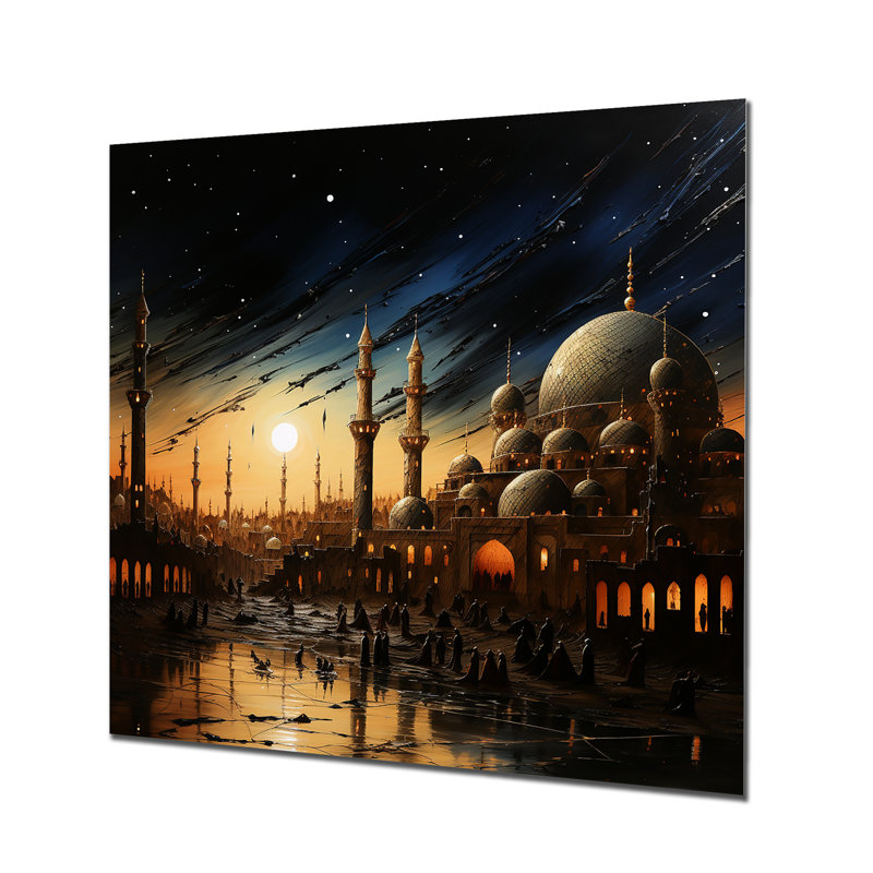 «Sunset Eid Festivities At Mosque» - Art mural en métal, H 36 po x l 36 po