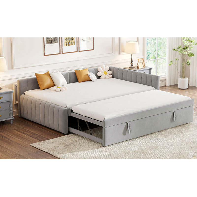 Lit de jour double rembourré en L avec lit simple
Lit gigogne taille Pop, gris