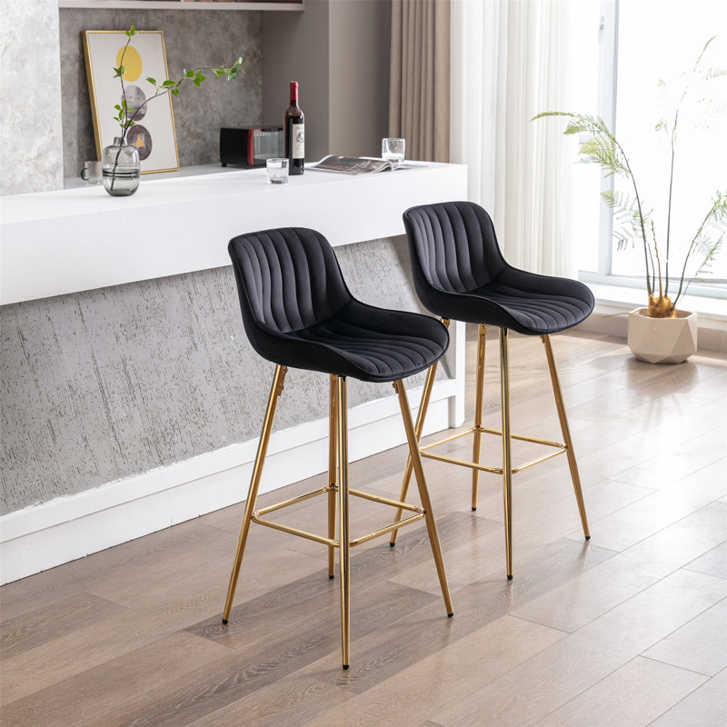 Amyris 30 inch Set of 2 Bar Stools,with Chrome Footrest Velvet Fabric Counter Stool Golden Leg Simple High Bar Stool, Cream