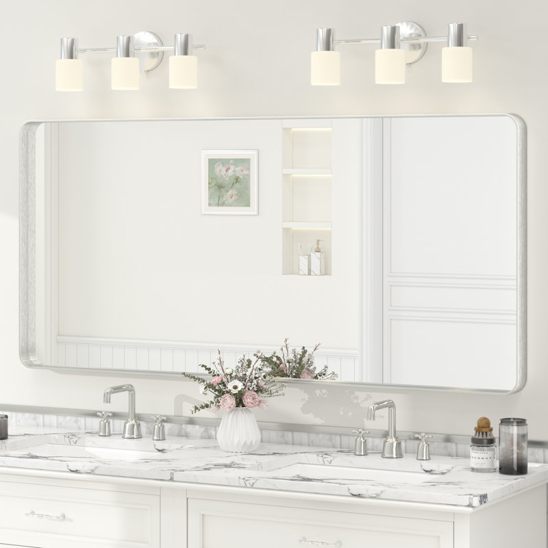 Miroir de salle de bain mural en verre trempé et métal Molly, 60 po x 28 po, Argent argent, Rectangle(Rounded Corner)