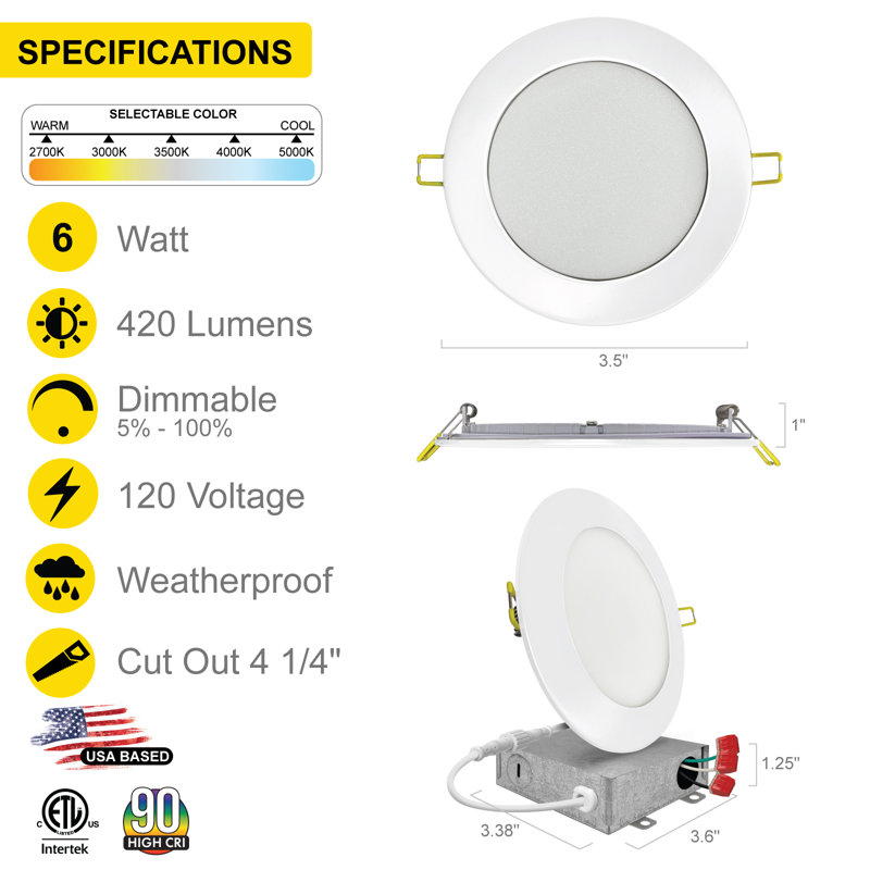 Panel Downlight 3'' Selectable Color Temperature Dimmable Air-Tight IC Rated LED Canless Recessed Lighting Kit