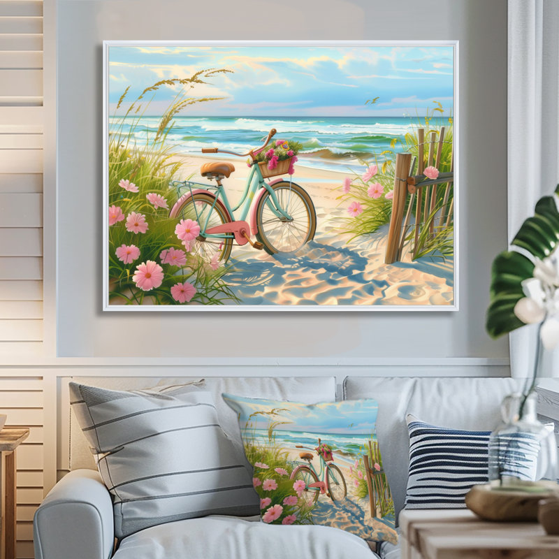 Vélo bleu sur le sentier côtier floral I - impression d'art mural côtier, Toile encadrée flottée blanche