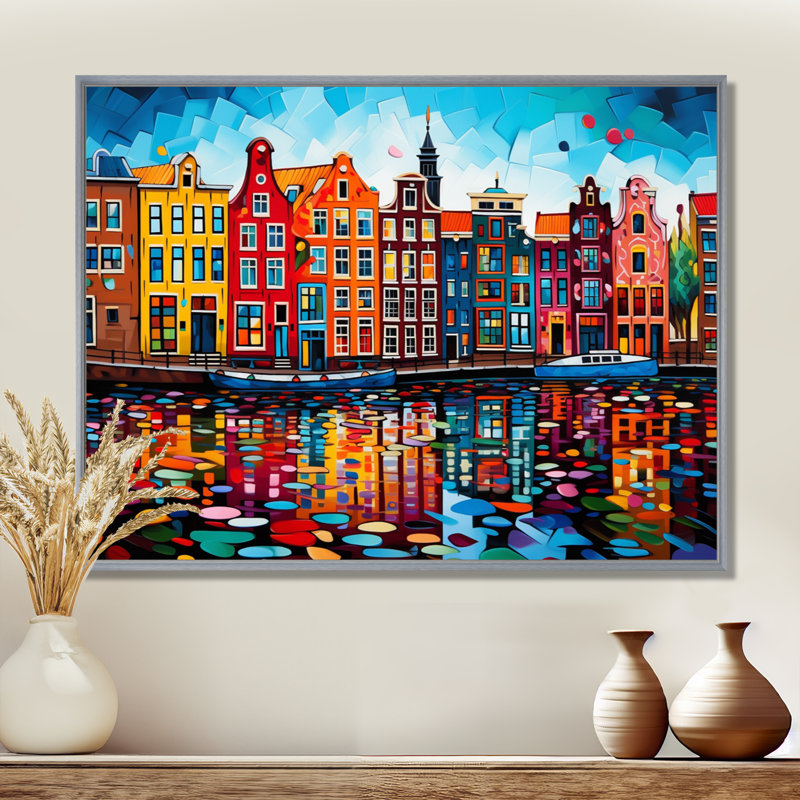 City Amsterdam Popart I - impressions sur toile Amsterdam, H 12 po x l 20 po x P 1 po, Encadrement argenté