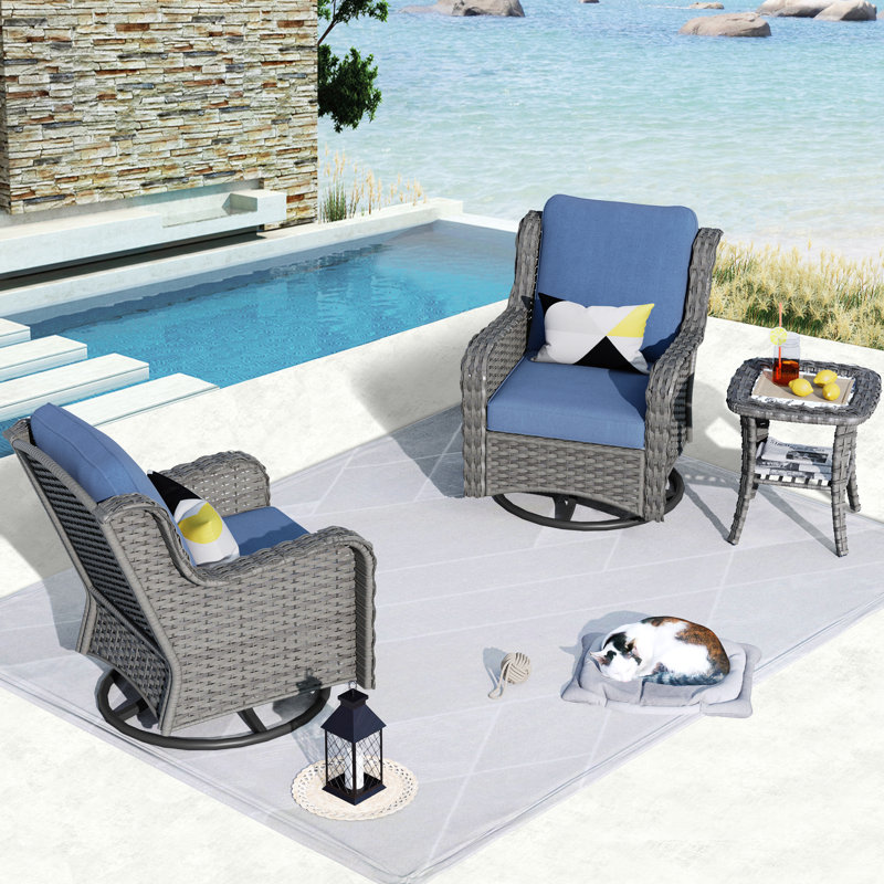 Ensemble de conversation en rotin avec coussins 3 pièces Stemple, Bleu denim, gris