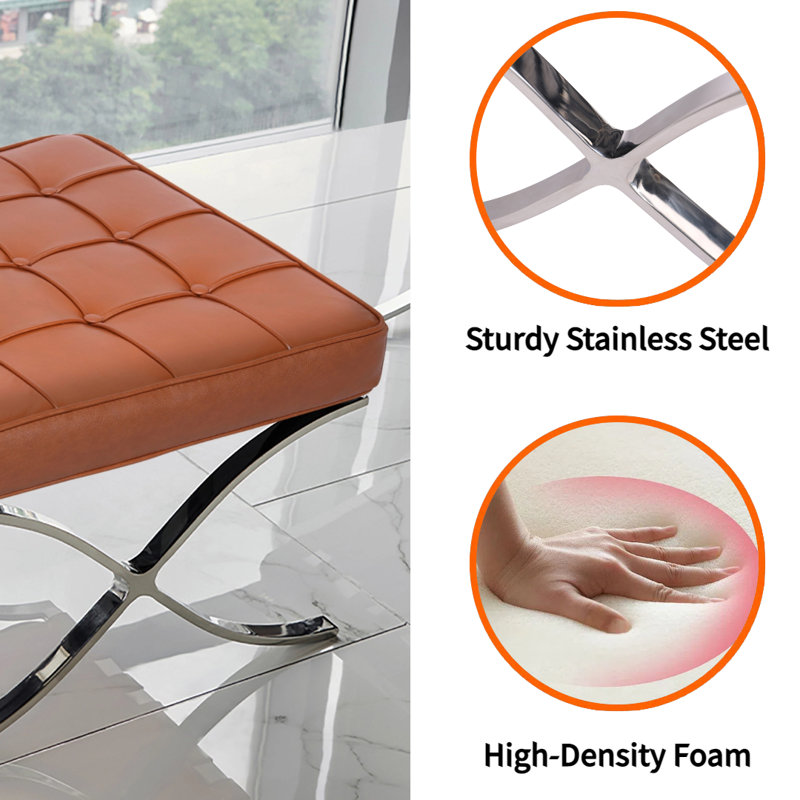 Classic Tufted Leather Ottoman with Stainless Steel  Frame, Genuine Leather