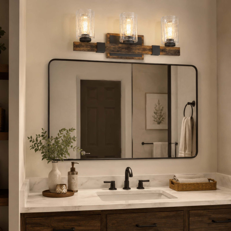 Barre d'éclairage de salle de bain ou de meuble-lavabo 3 lumières l 24 po en noyer noir Loon Peak V4373 avec abat-jour cylindrique en verre bullé transparent