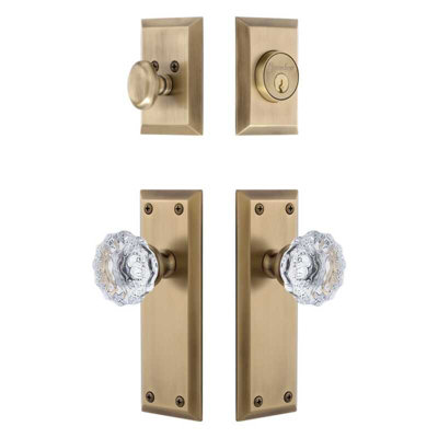 Grandeur Fifth Avenue Long Plate Entry Set with Fontainebleau Crystal Knob in Vintage Brass