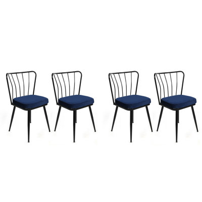 Modern Velvet Chair Set (4 Pieces), Dark Blue & Black, 16.9 x 32.3 x 16.5 inches | 100% Metal Frame, Velvet Fabric & Melamine Coated Seat | Stylish & Durable, Perfect for Dining Room & Living Spaces