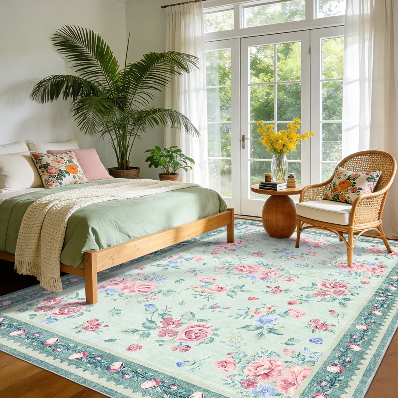 Vintage Floral Rugs Washable Foldable Printed Carpet Modern Soft Home Decor Rug Bedroom Living Room Rugs Easy Care Carpet Low Pile Floor Mats