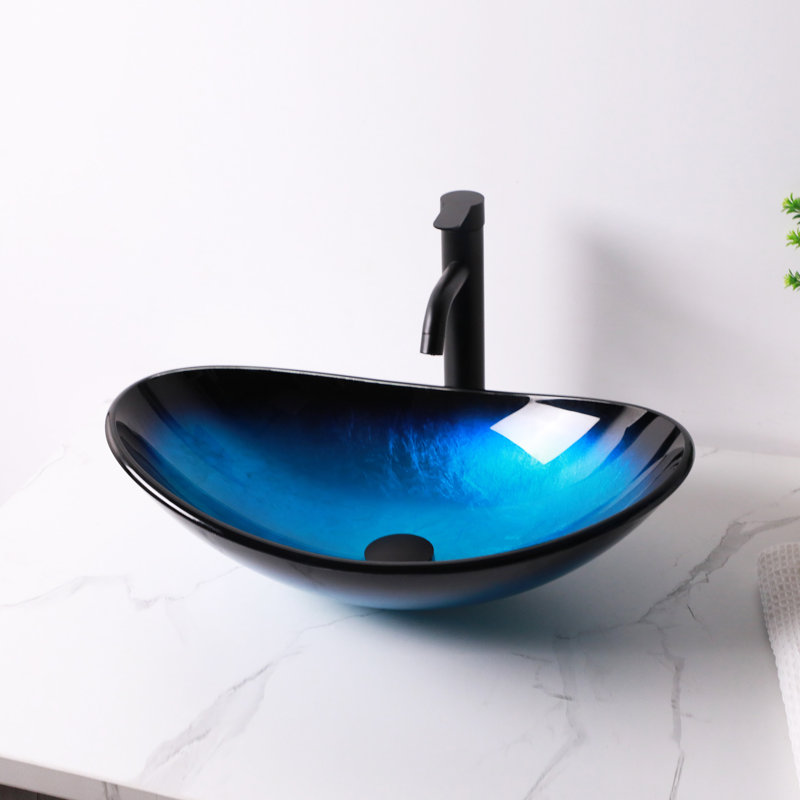 21-1/2 in. Dark Blue Glass Oval Vessel Bathroom Sink with Black Pop-up Drain