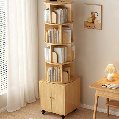 Bibliothèque rotative, organisateur de coin à 5 niveaux à 360 degrés avec tiroir pour petit espace, support de rangement au sol, tablette étroite en bois pour la chambre à coucher et le salon