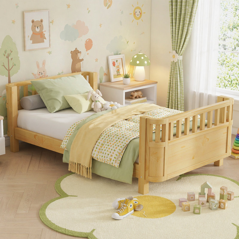 Twin Size Wood Platform Bed For Kids, Wood Low Profile Twin Bed With Rails , Natural (Patented Design), Natural, Twin
